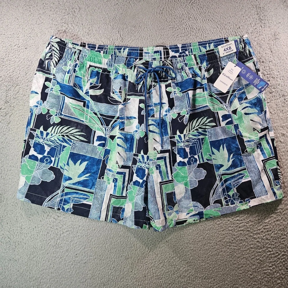 NWT Caribbean Swim Shorts Trunks Men's 4XB Lined Zip Pocket Leaf Geometric Print